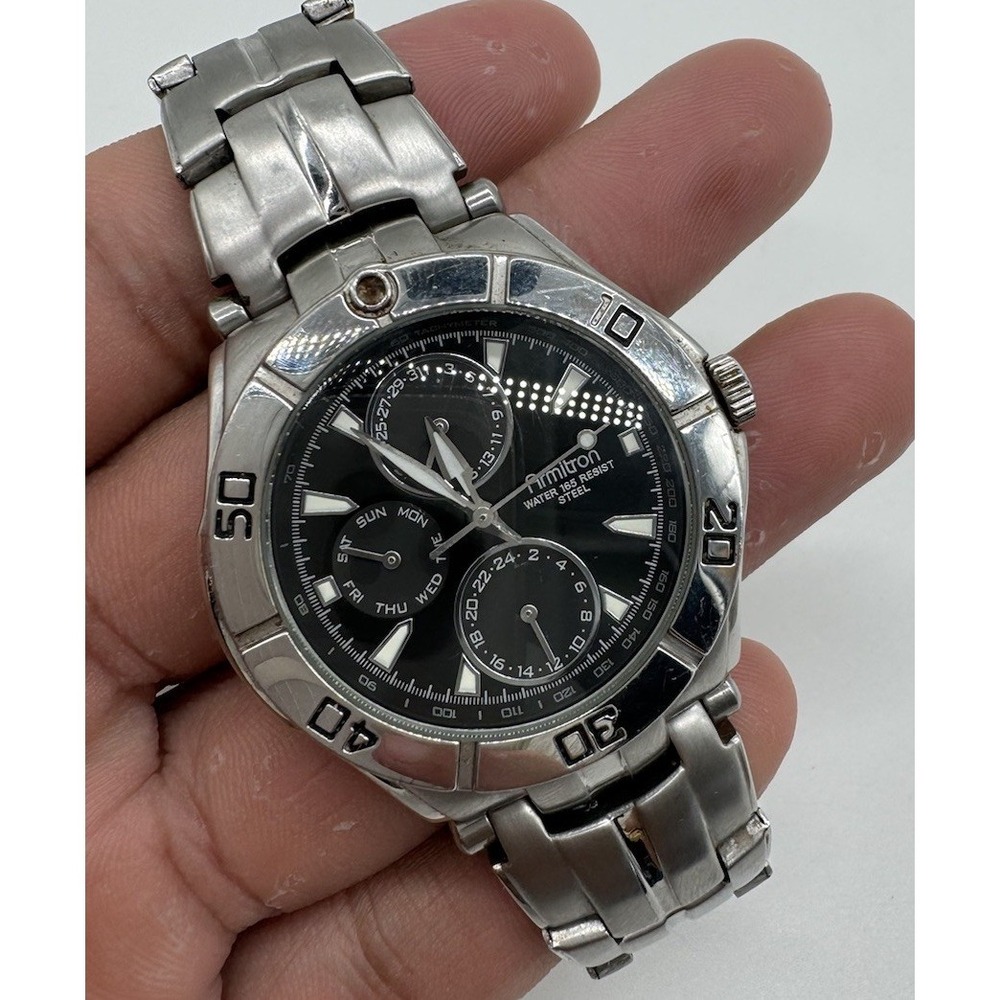 Armitron Mens Watch 20/4224SV Black Dial Stainless Steel Multi Function 165FT